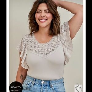 Pending. 🆕 Torrid Super Soft Lace Ruffle Sleeve Top. Grey/cream. 2X.